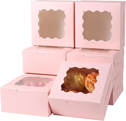 100 pcs 6x6x3 Inches Small Cake Box with Window, Bakery Pastry Cookie Boxes, Mini Pie for Pastry,Dessert,Strawberries,Chocolates, Cupcakes with paper stickers (Brown) - Poueer