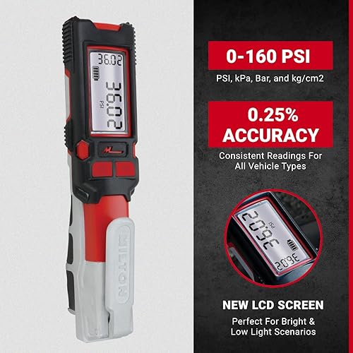 Milton Precision Digital Tire Pressure Gauge S-580ekit, Made In USA Most Accurate Inflator Gauge Available, Perfect for Professional Technicians, Easy to Read Display, 0-160 PSI Pressure Range, Red - Poueer