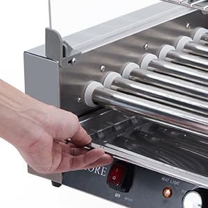 7-Roller Hot Dog Roller Machine with Dual Temperature Control, Holds 18 Hot Dogs, Non-Stick & Stainless Steel, LED Light, for Parties, Events & Food Stalls 1050W - Poueer