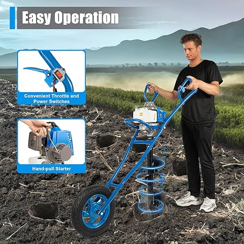 63CC 2-Stroke Gas Powered Earth Auger Post Hole Digger, 3HP Auger Post Hole Digger with 11.81' Drill, Earth Auger Gas Auger Fence Post Auger for Garden & Lawn Digging Planting Drilling (Blue) - Poueer