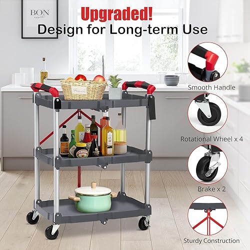 Foldable Utility Carts, 3-Tier Service Cart with Lockable Universal Wheels, Holds Folding Rolling Cart with Fixed Rope for Home, Office Garage and Warehouse No Assembly Require - Poueer