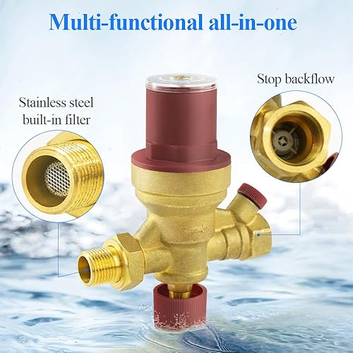 WiseWater Brass Automatic Boiler Fill Valve, Adjustable Pressure,Pressure Gauge Available,Inlet 3/4' Outlet 1/2',Brass adapter with 1 'M to 3/4 'F for Water System - Poueer