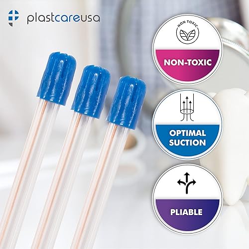 1000 Dental Saliva Ejectors Disposable - Medical Grade Latex Free Evacuation Suction Tips - Flexible Clear Tube with Blue Tip (10 Bags of 100) by PlastCare USA - Poueer