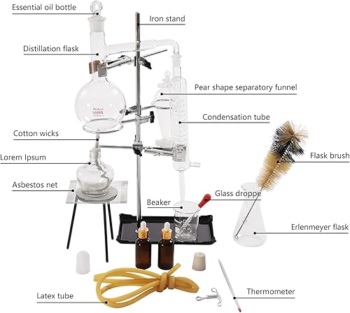 500ml Essential Oil Distillation Device, Water Purifier Distiller Glassware Kit, Herbal Extract Equipment Set Glassware Set, The Temperature is Up to 500 Degrees - Poueer