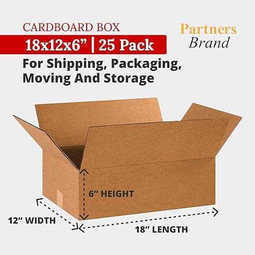 Partners Brand 18x12x6 Corrugated Cardboard Boxes, 18'L x 12'W x 6'H, Pack of 25 | Shipping, Packaging, Moving, Storage Box for Business, Strong Wholesale Bulk Boxes 18x12x6 18126 - Poueer