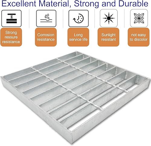 Galvanized Steel Drain Grate with Base, 16x16 Outdoor Drain Cover and Frame, B Class Sewer Grate with Lip, Durable Heavy Duty Channel Grate, Sliver Square Drainage Grate Driveway - Poueer