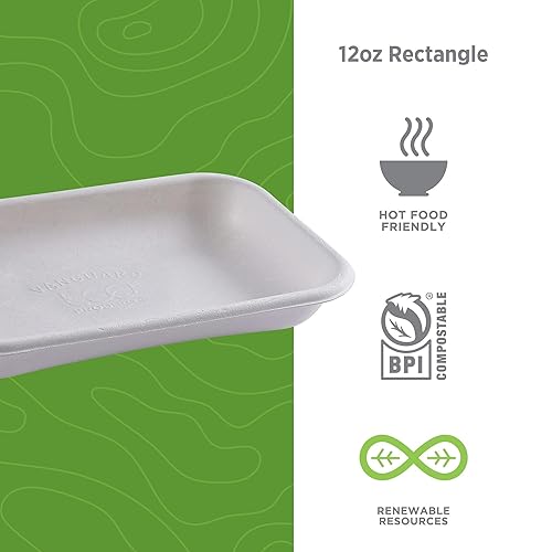 ECO PRODUCTS Compostable 24oz To Go Containers, Case of 400, 8.5'x5.5'x1.5' Vanguard Rectangle Box, Disposable Renewable White Molded Fiber, No PFAS, Tree-Free, Lid Available, ASTM, BPI-Certified - Poueer