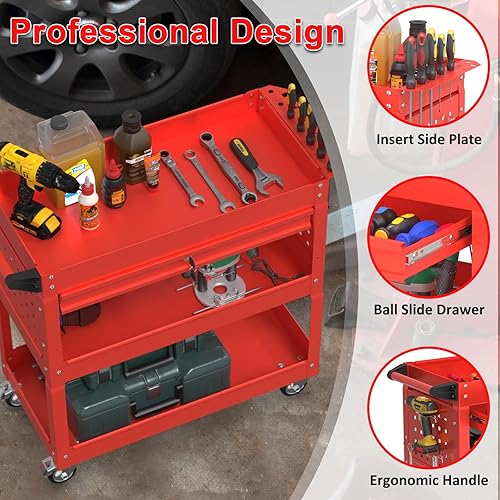 3 Tier Foldable Service Cart with Wheels, Rolling Collapsible Folding Utility Cart for Home, Office, Garage, and Warehouse (Red) - Poueer