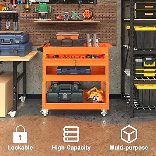 3 Tier Foldable Service Cart with Wheels, Rolling Collapsible Folding Utility Cart for Home, Office, Garage, and Warehouse (Red) - Poueer