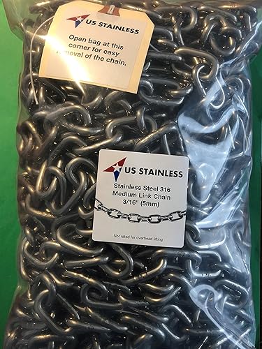 US STAINLESS Stainless Steel 316 Chain 3/16' (5mm) Medium Link Chain 50' - Poueer