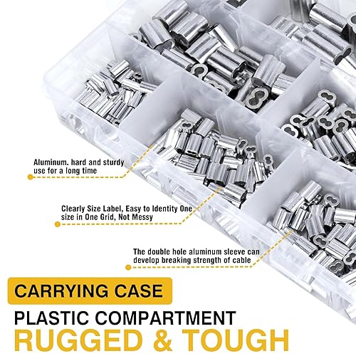 Sanuke Wire Rope Crimping Tool Kit, with 375pcs Wire Rope Aluminum Crimping Loop Sleeves, Crimping from 3/64-inch to 1/8-inch - Poueer