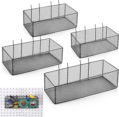 Norme 4 Pack Pegboard Baskets Set 4 Size Metal Wall Organizer Square Style Wire Pegboard Bins Wall Mount Peg Board Tool Organization for Workbench Accessories Garage Storage(Black) - Poueer