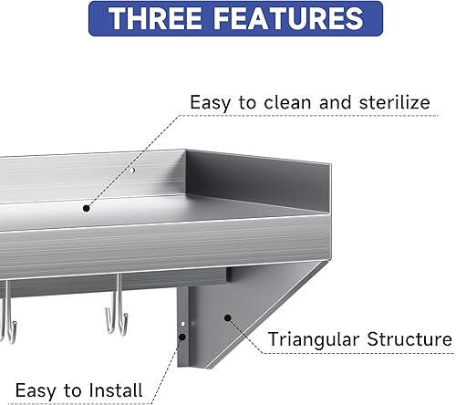 Stainless Steel Shelf 36 * 12 in, Stainless Steel Wall Shelf with 5 Hooks, Kitchen Shelf Wall Shelves Steel Floating Shelf for Kitchen, Commercial Restaurant, Laundry Room, Bar, Microwave - Poueer
