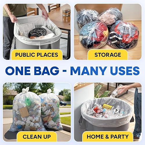 20-30 Gallon Trash Bags, Clear Trash Bags 30'W x 37'L, 8 Micron Clear Garbage Bags, 20-30 Gal High-Density Garbage Can Liners, Fits Square and Round Trash Cans, Pack of 500 - Poueer