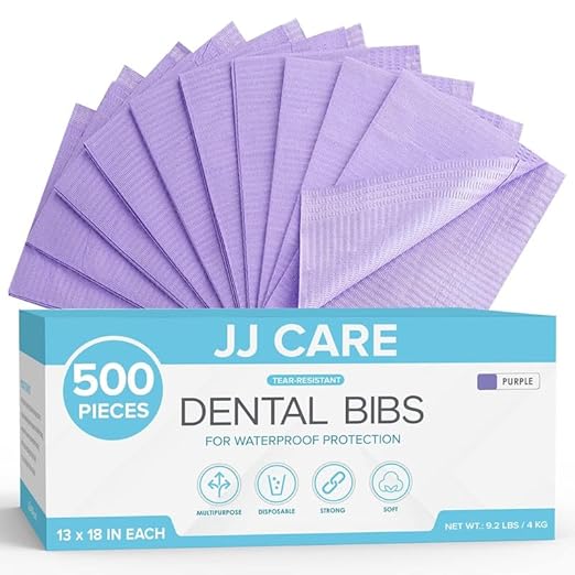 JJ CARE Dental Bibs [Pack of 500] - 13' x 18' Purple Dental Bibs, 3 Ply Waterproof Dentist Bibs, Dental Bibs Disposable for Eyelash Extension, Patient Bibs for Nail Art, Dental Napkins for Piercing - Poueer