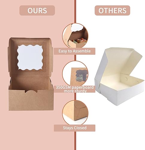 100 pcs 6x6x3 Inches Small Cake Box with Window, Bakery Pastry Cookie Boxes, Mini Pie for Pastry,Dessert,Strawberries,Chocolates, Cupcakes with paper stickers (Brown) - Poueer