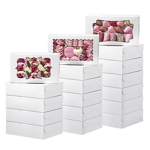 TOMNK 60pcs Bakery Boxes, 12x8x2.5 Inches 3 Style Cookie Boxes, Treat Containers with Window for Mother's Day, Candies, Chocolate Strawberries, Cakes, Muffins, Donuts - Poueer