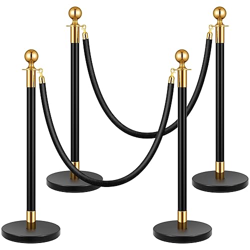VIVOHOME Heavy Duty Iron Stanchion Post Queue 4PCS Pole w/ 2 Black Velvet Ropes, Crowd Control Barriers w/Fillable Base for High-end Venues, Museums, Party Supplies (4 Pieces, Black and Golden) - Poueer