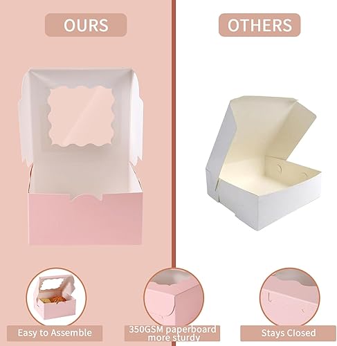 100 pcs 6x6x3 Inches Small Cake Box with Window, Bakery Pastry Cookie Boxes, Mini Pie for Pastry,Dessert,Strawberries,Chocolates, Cupcakes with paper stickers (Brown) - Poueer