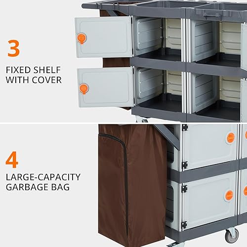 Commercial Janitorial Cart with 4 Cabinet, Hotel Cart Housekeeping Room Service Cart Hand Push Utility Cart with Wheels, Cleaning Cart with Wheels and Large Capacity Vinyl Bag, Housekeeping Carts - Poueer