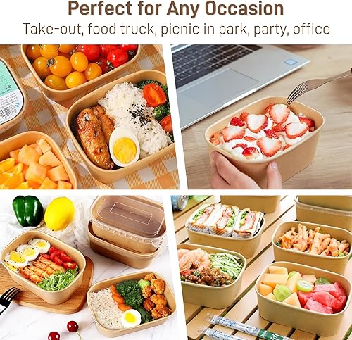 Paper Food Containers with Lids [50 pack] 35 oz Kraft Paper Meal Prep Containers with Lids, Microwavable and Freezer Storage Use Cardboard Food Containers, Disposable Take Out Containers - Poueer