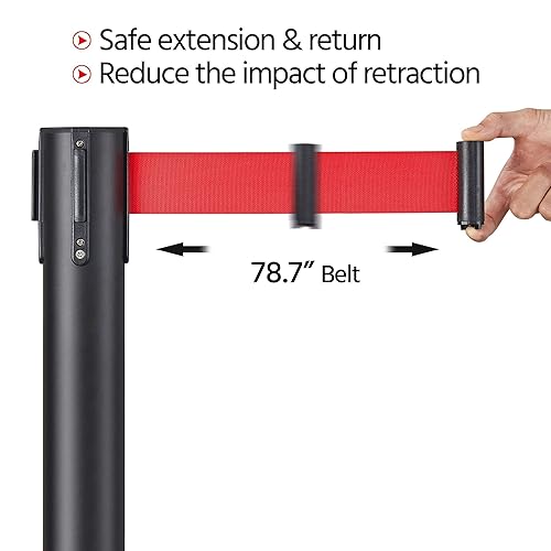 Yaheetech 4-Pack Stanchion Post Rope Barriers - Heavy Duty Black Crowd Control Stanchions 36-Inch Height with 6.5 Feet Red Retractable Belt Easy Connect Assembly - Poueer