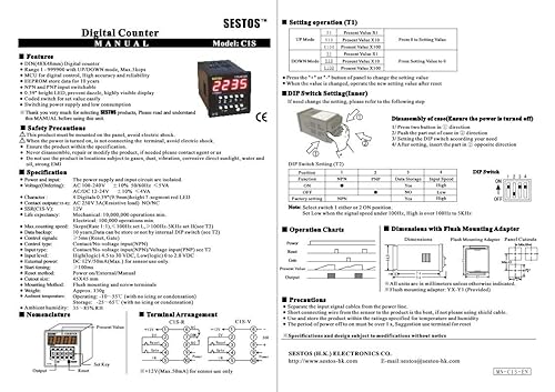 Digital Counter C1S-R-220 AC 100-240V Maximum Speed 5kcps. NPN and PNP inputs can be Switched. Input Signal: Input, Pause, Reset. Output: Relay - Poueer