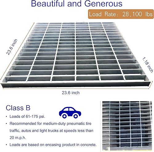 Galvanized Steel Drain Grate with Base, 16x16 Outdoor Drain Cover and Frame, B Class Sewer Grate with Lip, Durable Heavy Duty Channel Grate, Sliver Square Drainage Grate Driveway - Poueer