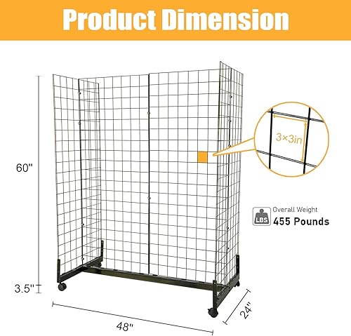 5' x 2' Grid Wall Panel with Wheels 265 LBS, Gridwall Tower with Rolling Base, Metal Grid Wall Shelf Display Stand Detachable, Craft Show Gridwall Display Rack, Art Display - Poueer