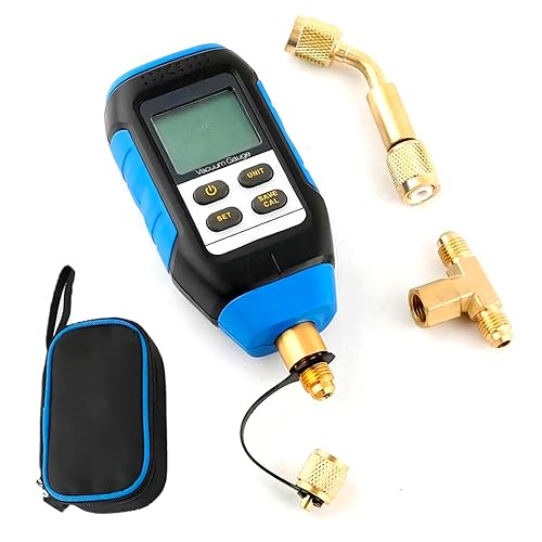 Digital Vacuum Gauge, 0-75000 Microns Gauge Range, ±5% Measurement Accuracy, 4 Vacuum Units Buzzer Alarm Digital Display 7/16”-20UNF Connector Three-Way Connection Extended Rod - Poueer