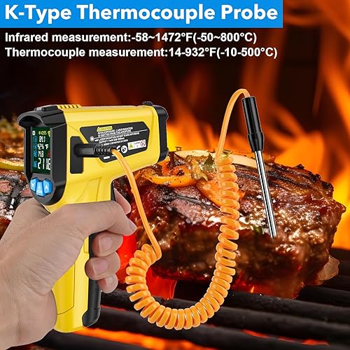 Infrared Thermometer Gun, TEMIRUP Non Contact Digital Laser Temperature Gun with K-Probe for Industrial, Cooking, Griddle,Engine, HVAC, Humidity,Adjustable Emissivity -58°F to 1472°F(-50~800°C) - Poueer
