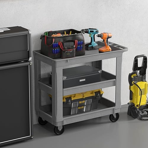 Goplus Service Utility Cart, 3-Tier Heavy-Duty PP Rolling Cart with 550 LBS Capacity, 2 Universal Wheels, Ergonomic Handle, Multi-Functional Work Carts for Garage, Kitchen, Hotel, Office, Warehouse - Poueer