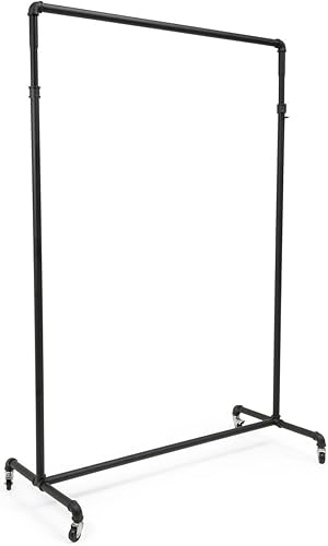 Displays2go, Industrial Pipe Clothing Rack, Metal Construction, Floor Standing Design – Black Matte Finish (AF2134RMTE) - Poueer