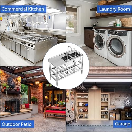 Stainless Steel Utility Sink with Pull-Down Faucet - 47x18x32 Inch Freestanding Double Bowl Commercial Sink Set, NSF Certified for Kitchen, Restaurant & Garage Use - Poueer