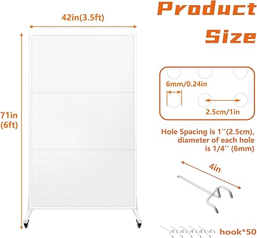 Royxen Metal Pegboard 3.5 x 6 Feet with 50 Hooks, Peg Board Display Stand with Wheels, Standing Pegboard Display, White - Poueer