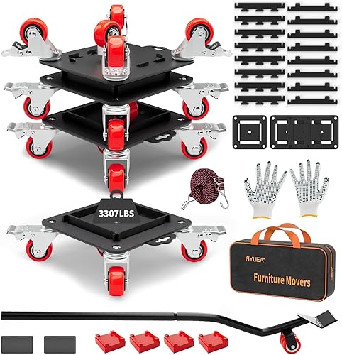 Furniture Dolly 5 Wheels Heavy Duty with Removable Side Guards,3307 Lbs Capacity,360° Rotating Wheels & Tail Brake,Furniture Movers Lifter Tool with Wheels for Appliances,Sofas,Beds,Pianos - Poueer