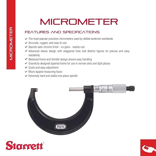 Starrett Outside Micrometer with One-Piece Spindle, Satin Chrome Finish and Advanced Sleeve Design - Quick and Easy Adjustment, 2-3' Range, .001' Graduations - 436.1XRL-3 - Poueer