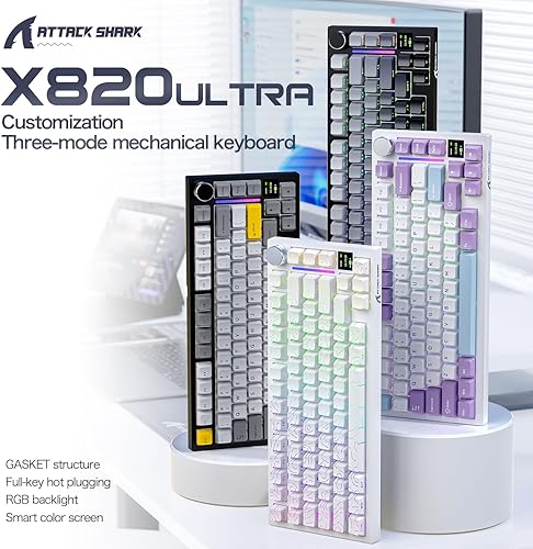 ATTACK SHARK X820ULTRA Wireless Gaming Mechanical Keyboard with TFT Smart Display&Knob,Side Printed PBT,Gasket Mounted 75% TKL Keyboard,BT5.0/2.4GHz/USB-C,RGB Backlit（White Contour,Shark Switch - Poueer