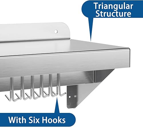 12' x 36' NSF Certified Stainless Steel Wall Mount Shelf - Multifunctional Metal Storage Rack with Backsplash and 6 Hooks - Poueer