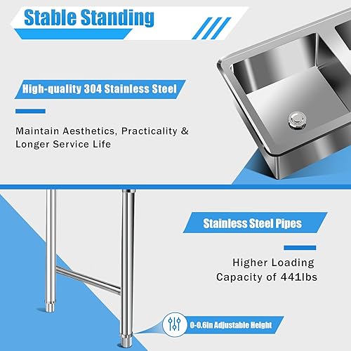 Commercial Utility Sink 3 Compartment Stainless Steel Sink Set Freestanding Restaurant Station with 2 Faucets Commercial Utility Basin for Bars, Kitchens (39 x 18 x 35.8In) - Poueer