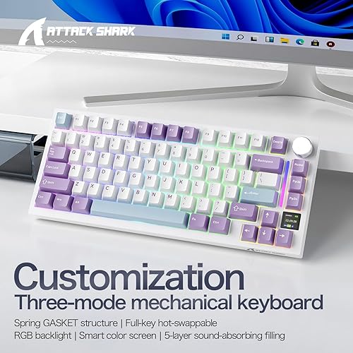 ATTACK SHARK X820ULTRA Wireless Gaming Mechanical Keyboard with TFT Smart Display&Knob,Side Printed PBT,Gasket Mounted 75% TKL Keyboard,BT5.0/2.4GHz/USB-C,RGB Backlit（White Contour,Shark Switch - Poueer