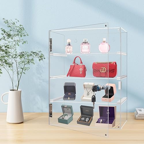 Locking Display Case,Showcase Display Cabinet,4-Tier Acrylic Display Case with Lock Key,Clear Detachable Countertop Display Cabinet with Shelves for Figures Rock Collectibles(11.81x5.31x15.75 inch) - Poueer