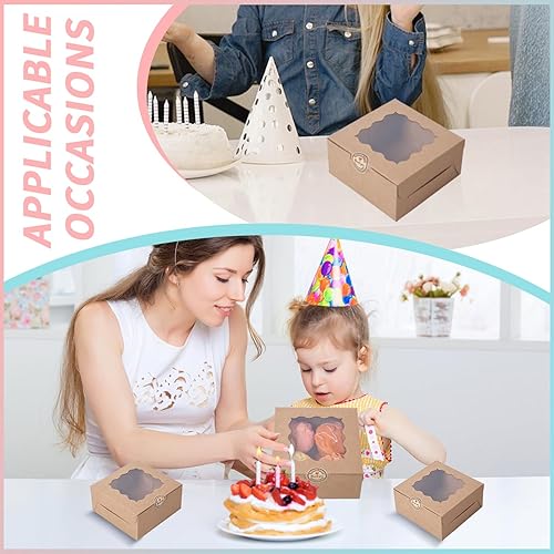 100 pcs 6x6x3 Inches Small Cake Box with Window, Bakery Pastry Cookie Boxes, Mini Pie for Pastry,Dessert,Strawberries,Chocolates, Cupcakes with paper stickers (Brown) - Poueer