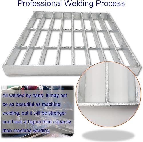 Galvanized Steel Drain Grate with Base, 16x16 Outdoor Drain Cover and Frame, B Class Sewer Grate with Lip, Durable Heavy Duty Channel Grate, Sliver Square Drainage Grate Driveway - Poueer