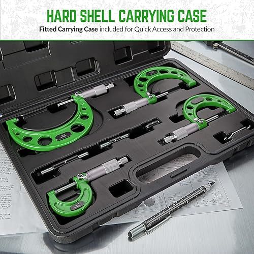 Premium Outside Micrometer Set 0-4' / 0.0001' (0-1'/1-2'/2-3'/3-4') Precision Machinist Tools w/Carbide Tips, Standards, Ratchet Stop, Green - Poueer