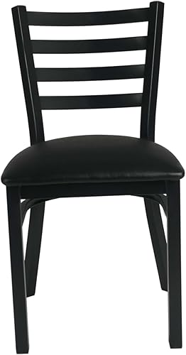 Commercial Restaurant Chair, Black Metal Ladder-Back Chair, Black Vinyl Seat, (Set of 2) (32Q-194) - Poueer