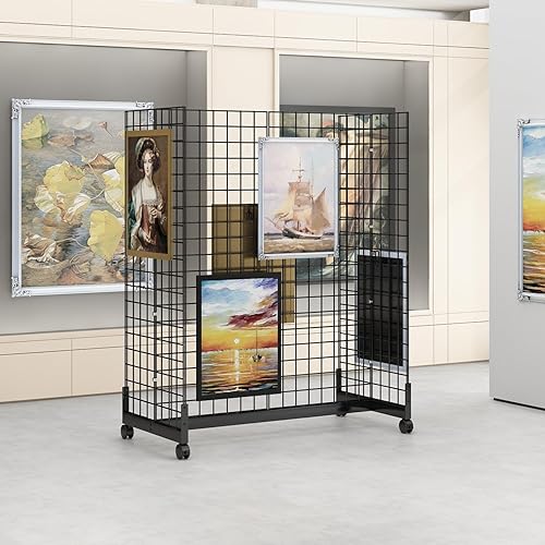 5' x 2' Grid Wall Panel with Wheels 265 LBS, Gridwall Tower with Rolling Base, Metal Grid Wall Shelf Display Stand Detachable, Craft Show Gridwall Display Rack, Art Display - Poueer