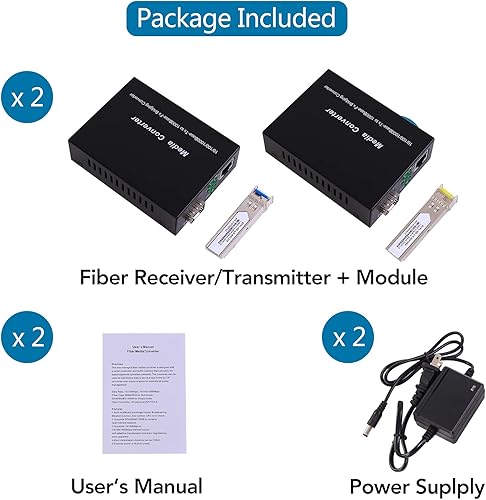 2 Pack Fiber Transceiver, 1.25G/s Bidi Gigabit Single-Mode Fiber Ethernet Media Converter with 2PCS Bidi SFP LC Module Included, 10/100/1000Base-Tx to 1000Base-SX SMF RJ45 to SFP Slot up to 30KM - Poueer