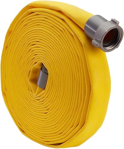 Fire Hose - 1' x 50' Lay Flat Water Hose - Made in the USA - Yellow Forestry Firefighter Hose - NPSH Couplings - Poueer