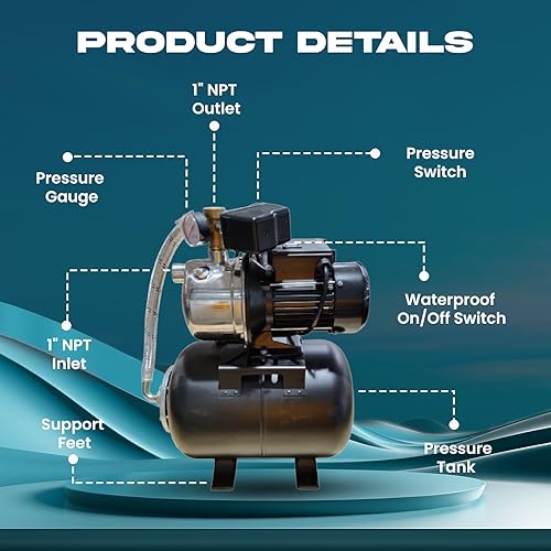 PS&W 1.5HP Shallow Well Pump with Pressure Tank, 1500GPH, 115V, Stainless Steel Irrigation Pump, Automatic Water Booster Jet Pump for Home, Garden, Lawn - Poueer
